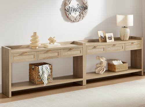 SICOTAS Rattan Console Table Set of 2 - Large Boho TV Console Entry Table with 3 Storage Drawers, 60" Long Sofa Table Behind Couch for Living Room, Hallway, Foyer, Entryway - color: Reclaimed Light Oak, size: 2 Pieces