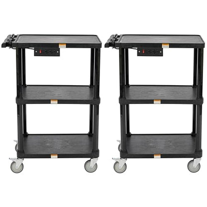 Pearington 3-Shelf Mobile Utility Cart with 3 Outlets and 8' Cord, Heavy-Duty Service Cart for Offices and Warehouses with 3 Shelves, Black, 2 Pack - size: 2 Pack