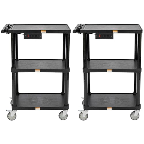 Pearington 3-Shelf Mobile Utility Cart with 3 Outlets and 8' Cord, Heavy-Duty Service Cart for Offices and Warehouses with 3 Shelves, Black, 2 Pack - size: 2 Pack