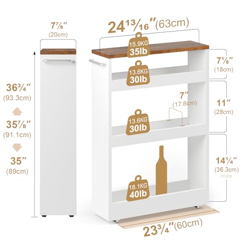 TEAMIX 4 Tier Slim Rolling Storage Cart with Wheels, 24.8D x 7.9W Inches, Height Adjustable, Deeper Utility Cart with Handle Narrow Shelf Organizer for Kitchen Laundry Bathroom Pantry Office (White)