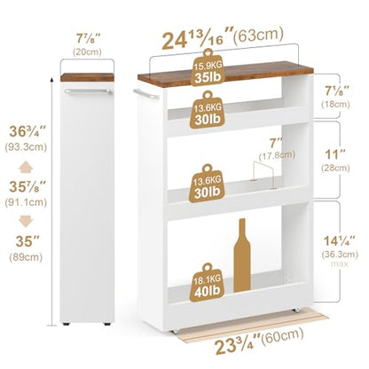TEAMIX 4 Tier Slim Rolling Storage Cart with Wheels, 24.8D x 7.9W Inches, Height Adjustable, Deeper Utility Cart with Handle Narrow Shelf Organizer for Kitchen Laundry Bathroom Pantry Office (White)