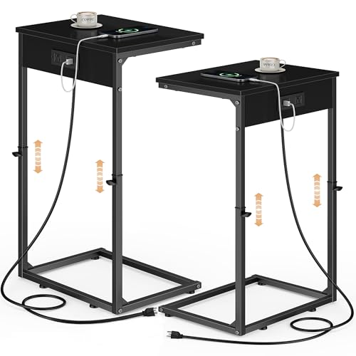 C Shaped End Tables Set of 2 with Charging Station, 33.2'' Tall C Table Adjustable Height Side Table, Small Side Table for Small Spaces, Couch Sofa Table TV Tray for Living Room, Black - color: Black (2 Pack), style: With Plug