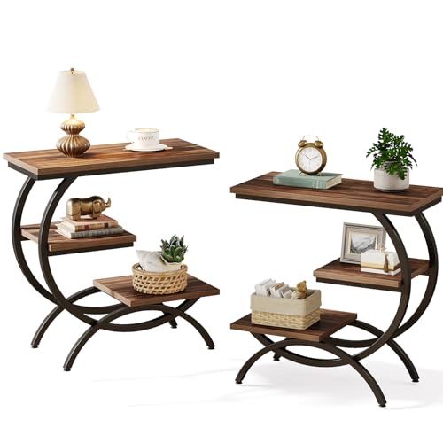 Tribesigns C-Shaped End Table Set of 2, Industrial 3-Tier Small Side Table for Couch, Wood Bedside Table Snack Side Table with Storage Shelves for Living Room Small Space, Rustic Brown - color: Rustic Brown