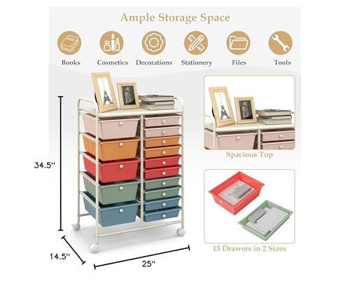 Giantex 15-Drawers Rolling Storage Cart, Mobile Book Paper Organizer Utility Trolley with Wheels, Ideal for School, Office, Home