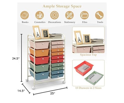 Giantex 15-Drawers Rolling Storage Cart, Mobile Book Paper Organizer Utility Trolley with Wheels, Ideal for School, Office, Home