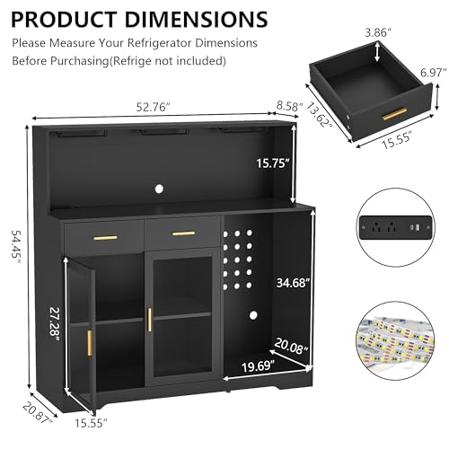 Gyfimoie 53" Wine Bar Cabinet with Fridge Space & Outlets, Large Coffee Bar Table with Storage Drawer,Liquor Cabinet with Wine Rack for Home, Living Room, Dining Room, Kitchen (Black)