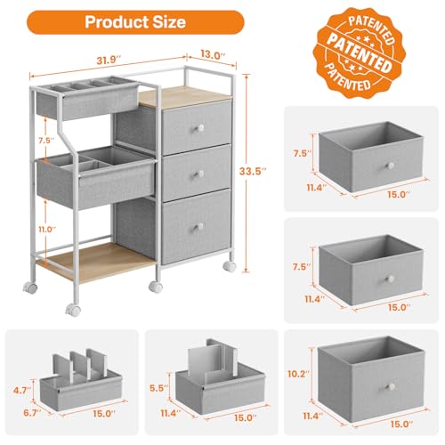 Modanais Baby Diaper Caddy Organizer Rolling Cart with Drawers, Light Gray | Detachable Dividers, 3 Tier Rolling Cart, Mobile Utility Cart with Wheels for Nursery, Bedroom, Changing Table & Crib - color: Light Gray