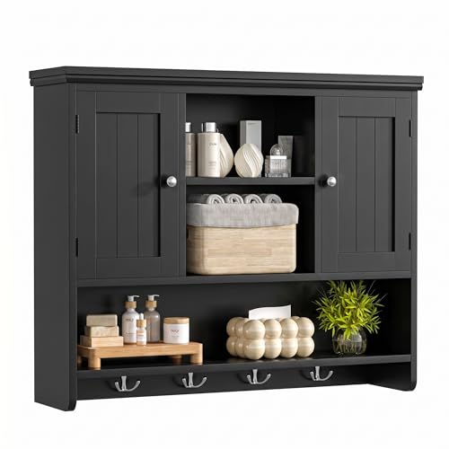 Bathroom Wall Cabinet with Doors and Hooks, 3-Tier Wall Mounted Cabinet | Modern Medicine Cabinet with 3 Open Shelves, Over the Toilet Storage Cabinet for Kitchen, Laundry Room, Living Room, Black - color: Black