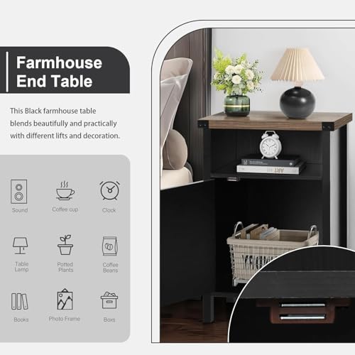 Black Farmhouse Nightstand, Side Table, End Table with Barn Door and Shelf, Rustic Modern Bed Night Stand for Bedroom, Living Room - color: Black