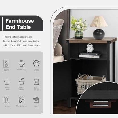 Catrimown Farmhouse End Table, Nightstand with Barn Door and Shelf,Black | End Tables,Wooden Sofa Side Table, Modern Bed Side Table Rustic Nightstands, Bedroom, Living Room - color: Black