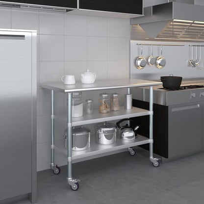 AmGood Stainless Steel Work Table with 2 Shelves and Casters | Metal Utility Table On Wheels (Stainless Steel Work Table with 2 Shelves + Casters, 48" Long x 24" Deep) - size: 48" Long x 24" Deep