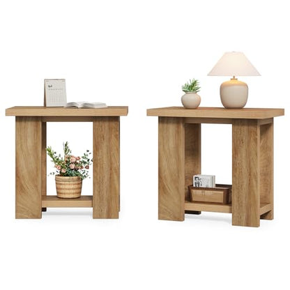 LITTLE TREE 2-Tier Side Table, Farmhouse End Table with Storage Shelves, Small Nightstand Wooden Beside Table Bed Side Table for Small Spaces, Living Room, Bedroom, Light Brown - color: Light Brown