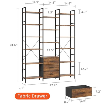 AFLUI Triple Bookshelf with 3 Fabric Drawers, 6-Tier Book Shelf and 10 Display Shelves, Industrial Large Bookcase for Home & Office, Rustic Brown, 47'' Wide - color: Rustic Brown, size: 6 Tier(47" W)