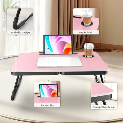 BUYIFY 23.4" Foldable Lap Desk Bed Table with Cup Holder Portable Tray | Folds Flat for Easy Storage, No Assembly Laptop Bed Desk, Sturdy and Lightweight, Patent Design, RosePink - color: Rose Pink