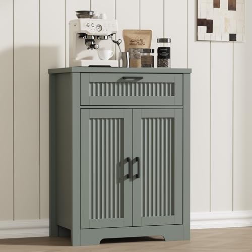 Buffet Cabinet with Storage Drawer, Farmhouse Coffee Bar Table with Storage Drawer and Adjustable Shelf, Small Fluted Sideboard Cabinet for Kitchen, Dining Room, Living Room, Entryway, Green - color: Green, size: 1 Drawers + 2 Doors