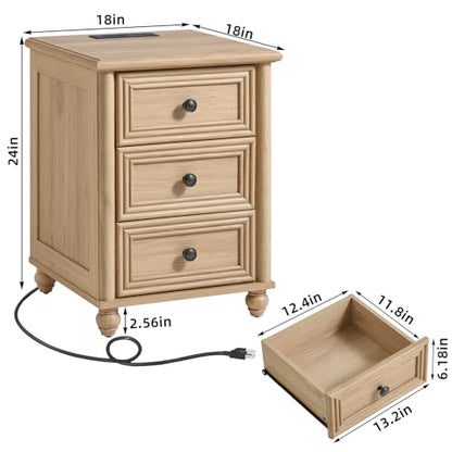 RWYHG 18" Night Stand with Charger Station, Nightstand with 3 Drawers | Farmhouse Modern Bedside Table, Metal Handle, Roman Column Legs, Natural Bed Side End Tables for Bedroom Living Room - color: Natural, size: 18"D x 18"W x 24"H (3 Drawers)