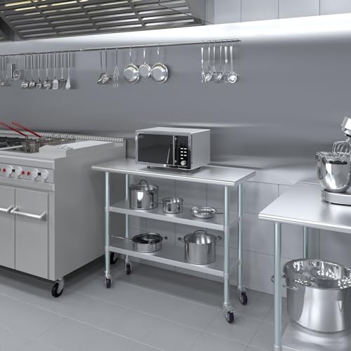 AmGood Stainless Steel Work Table with 2 Shelves and Casters | Metal Utility Table On Wheels (Stainless Steel Work Table with 2 Shelves + Casters, 48" Long x 18" Deep) - size: 48" Long x 18" Deep