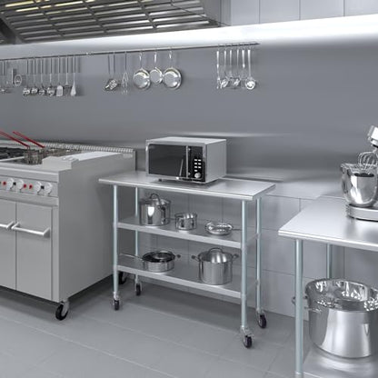 AmGood Stainless Steel Work Table with 2 Shelves and Casters | Metal Utility Table On Wheels (Stainless Steel Work Table with 2 Shelves + Casters, 48" Long x 18" Deep) - size: 48" Long x 18" Deep