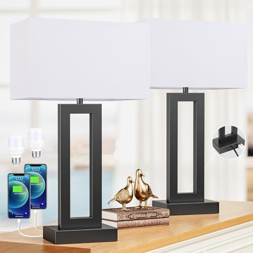 Seealle 22" Tall Living Room Lamps for Night Stands - Touch Bedside Lamp with USB C+A, 3 Way Dimmable Bedroom Lamps for End Tables Set of 2, Modern Night Stand Lamps for Bed Side(White&Black) - color: C. White&Black, size: Large(22in)