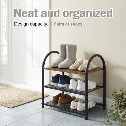 3-Tier Shoe Rack, Rustic Wood Look Shoe Organizer with Metal Frame and Mesh Shelves, Space-Saving for Entryway, Hallway, Bedroom (17.32" L x 10.24" W x 17.13" H) - size: 17.32" X 10.24" X 17.13"