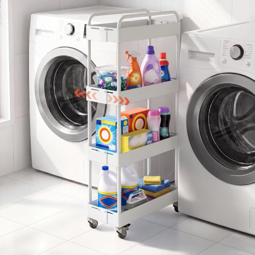 HOTEAGLE Storage Cart 4 Tier, Adjustable Width & High Adaptability | Metal Utility Rolling Carts with Wheels, Ideal Storage Organizer for Livingroom, Kitchen and Bathroom - color: White, size: 4-tier
