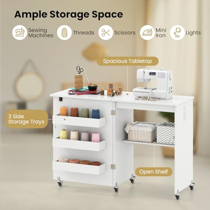 Giantex Folding Sewing Table with Charging Station, Storage Trays & Shelf | Rolling Craft Table with Lockable Wheels, Foldable Sewing Machine Cabinet Desk for Small Spaces, Dorms, White - color: White