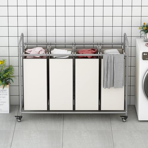 LINZINAR 4 Section Laundry Hamper, Beige Laundry Basket 180L Laundry Sorter | Laundry Room Organization with Heavy Duty Rolling Lockable Wheels and Removable Bag, Bedroom Laundry Cart for Clothes Storage - size: 4 Bags Beige