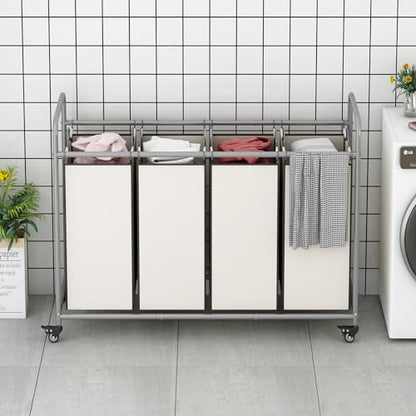 LINZINAR 4 Section Laundry Hamper, Beige Laundry Basket 180L Laundry Sorter | Laundry Room Organization with Heavy Duty Rolling Lockable Wheels and Removable Bag, Bedroom Laundry Cart for Clothes Storage - size: 4 Bags Beige