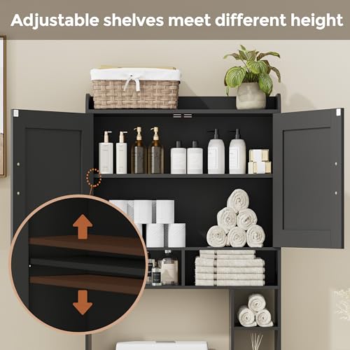 Homhedy Wooden Over The Toilet Storage Cabinet with Barn Door | Freestanding Bathroom Storage, Toilet Paper Holder, Adjustable Shelf,Space-Saving, Farmhouse Style, Black - color: Black