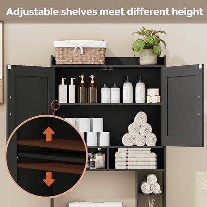 Homhedy Wooden Over The Toilet Storage Cabinet with Barn Door | Freestanding Bathroom Storage, Toilet Paper Holder, Adjustable Shelf,Space-Saving, Farmhouse Style, Black - color: Black