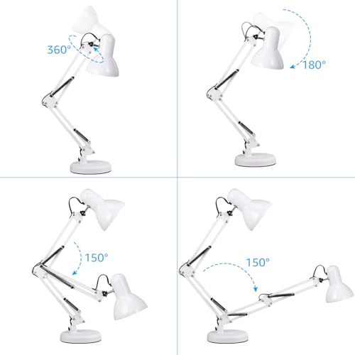 TORCHSTAR Metal Desk Lamp, Adjustable Swing Arm, E26, White | Architect Gooseneck Multi-Joint Clip Table Lamp with Plastic Clamp, for Home Office, Work, Study, Reading, Bulbs not Included - color: White