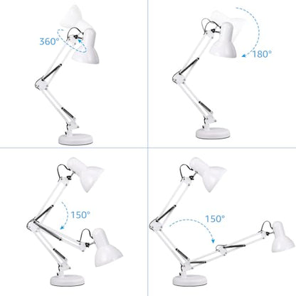 TORCHSTAR Metal Desk Lamp, Adjustable Swing Arm, E26, White | Architect Gooseneck Multi-Joint Clip Table Lamp with Plastic Clamp, for Home Office, Work, Study, Reading, Bulbs not Included - color: White
