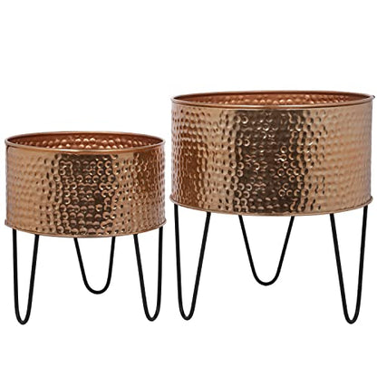 MyGift Modern Hammered Copper Tone Planter Pot, 8 and 10 Inch Metal Round Plant Container with Matte Black Wire Stand, Set of 2 - Handcrafted in India - color: Copper