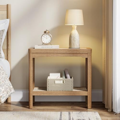 Eclatara Rattan Side Table End Table with Round Edge Design | 2 Tier Rattan Night Stand, Farmhouse Boho Bedside Tables with Ultra-Thick Legs for Bedroom Living Room(Natural Oak,1 Piece) - color: Natural Oak, Round Edges