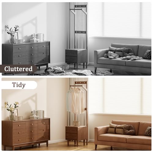 Solid Wood Coat Rack Freestanding,Standing Coat Rack with 2 drawers,Clothing Racks for Hanging Clothes,Narrow Hall Tree with Storage,Walnut Nightstand with 6 Coat Hooks for Bedroom Entryway Corner - size: 2 drawers