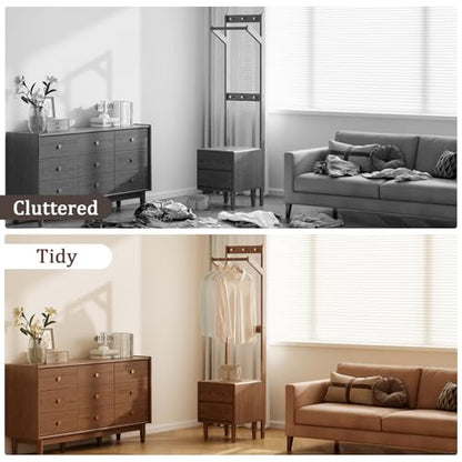 Solid Wood Coat Rack Freestanding,Standing Coat Rack with 2 drawers,Clothing Racks for Hanging Clothes,Narrow Hall Tree with Storage,Walnut Nightstand with 6 Coat Hooks for Bedroom Entryway Corner - size: 2 drawers