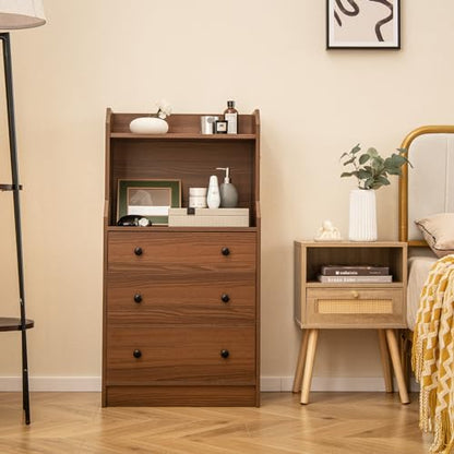 LDAILY Moccha 3 Drawers Dresser with Shelf, Modern Dresser Tower with 2 Open Shelves, Chest of Drawers with Anti-toppling Device, Tall Storage Dresser Nightstand, Living Room, Walnut - color: Walnut