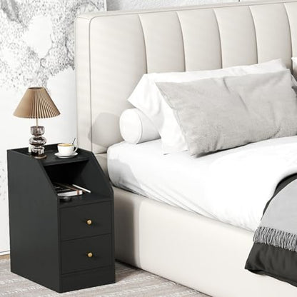KOMFOTT Set of 2 Side Tables with Charging Station, End Tables with Storage Drawers, Sofa Couch Tables for Small Space, Modern Narrow Nightstands for Bedroom (Black,2) - color: Black