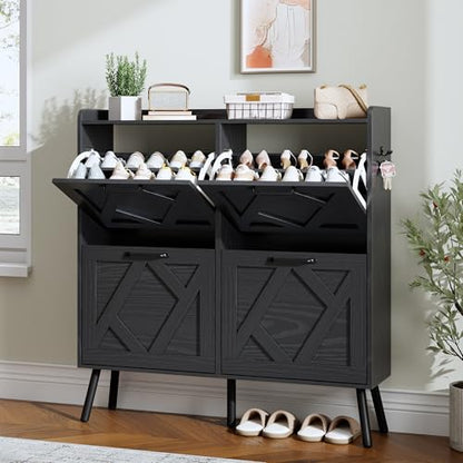 Shoe Cabinet with 4 Flip Drawers, Hidden Shoe Rack Cabinet with Metal Legs, Farmhouse Narrow Shoe Storage Cabinet for Entryway, Foyer, Hallway, Black - color: Solid Black