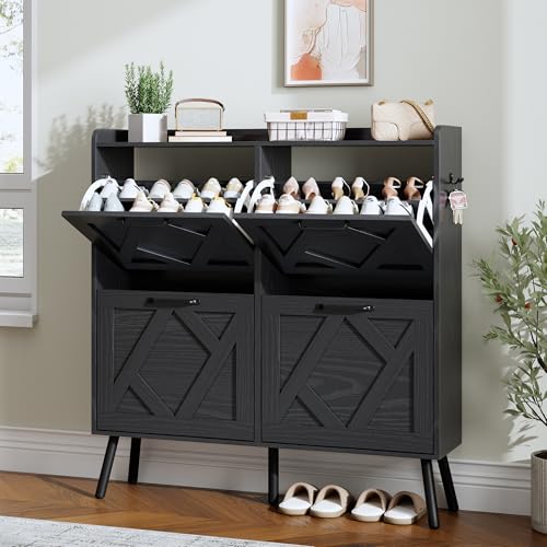 Shoe Cabinet with 4 Flip Drawers, Hidden Shoe Rack Cabinet with Metal Legs, Farmhouse Narrow Shoe Storage Cabinet for Entryway, Foyer, Hallway, Black - color: Solid Black