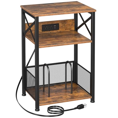 AMHANCIBLE Record Player Stand with Charging Station, Vinyl Record Storage | Turntable Stand with Type-C, Vinyl Record Player Table Holds 100 Albums, 3 Tier End Table Living Room, Rustic Brown - color: Brown, size: W 15.75" x D 11.41"