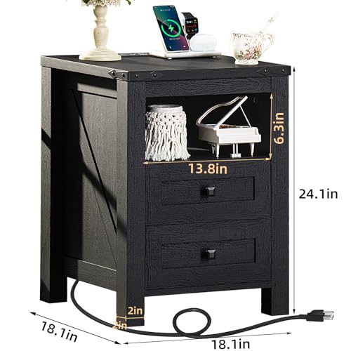 Joaxswe Night Stands with Charging Station Set of 2, Farmhouse Nightstand, Wooden Bedside End Tables with 2 Drawers and Open Shelf, Bed Side Table for Bedroom, Living Room, Closet, Office (Black) - color: Black, size: 2 pack