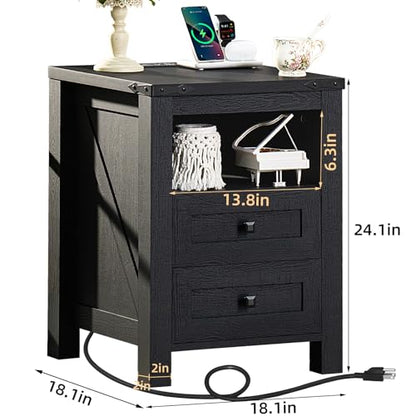 Joaxswe Night Stands with Charging Station Set of 2, Farmhouse Nightstand, Wooden Bedside End Tables with 2 Drawers and Open Shelf, Bed Side Table for Bedroom, Living Room, Closet, Office (Black) - color: Black, size: 2 pack