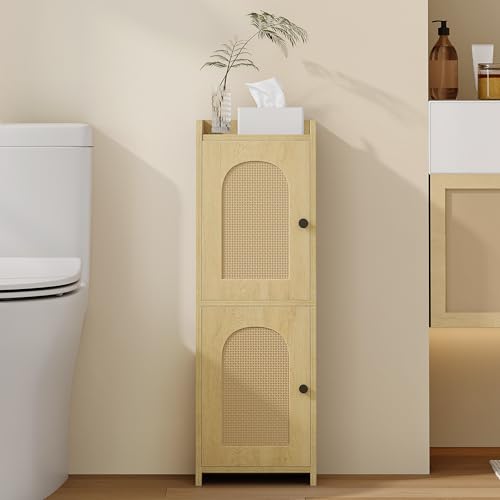 Hzuaneri Bathroom Storage Cabinet, Small Corner Floor Cabinet with 2 Doors and Adjustable Shelf, Narrow Toilet Paper Cabinets, Bathroom Organizer for Small Spaces, 7.9" D x 9.8" W x 29.5"Rattan Yellow - color: Rattan Yellow, size: 7.9"D x 9.8"W x 29.5"H