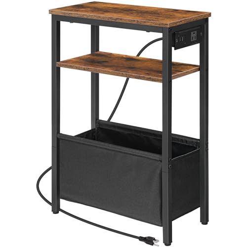 HOOBRO Small Narrow Side Table, Narrow End Table with Charging Station, Extra Slim Nightstand with Storage, Skinny End Table for Small Spaces for Living Room, Rustic Brown and Black BF125UBZ01