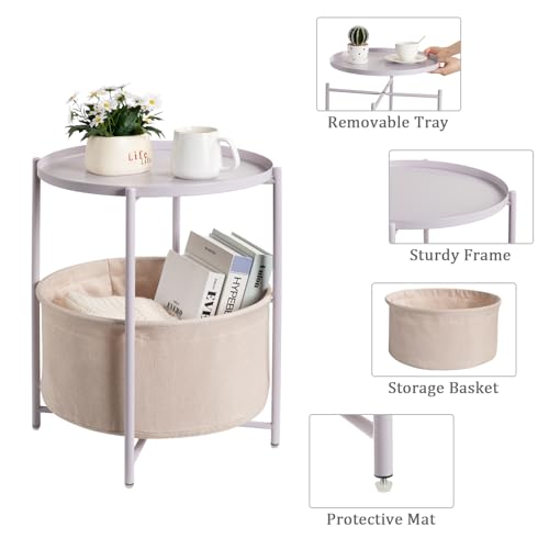 danpinera Round Side Table with Fabric Storage Basket, Small Coffee Table | Metal End Stand with Removable Serving Tray, Modern Nightstand for Small Space, Living Room, Bedroom, Nursery, Light Violet - color: Light Violet