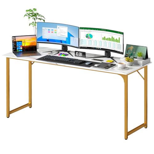 PayLessHere | 63 Inch Computer Desk | White Gold | Office Desk with Metal Frame, Adjustable Feet | Water-Resistant, Scratchproof Surface | Sturdy Writing Table for Home Office or Study | Pack of 1 - color: White Gold, size: 63 Inch