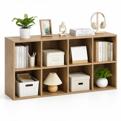 POWERSTONE 8 Cube Storage Organizer, Open Cube Bookshelf with Back Panels, Modern Display Cubby Bookcase for Bedroom Living Room Home Office, Natural - color: Natural, size: 8-Cube