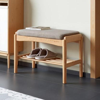 Oak Wood Shoe Bench, 24 Inch Entryway Bench with Gray Cushion | Natural oak finish with soft gray cushion creates a versatile seating solution for entryways and small spaces. - color: Natural + Gray Cushion, size: 23.62"