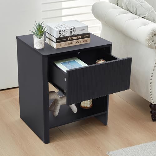 Mid Century Modern Night Stand with Drawer, Black Nightstand for Bedroom, Small End Table with Storage, Living Room/Bed Side Table with Drawer for Small Spaces, Fluted Cabinet Wood Nightstand - color: Black